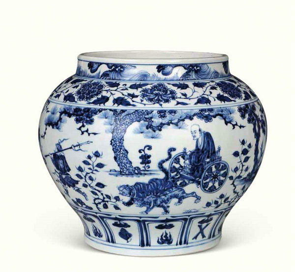 嘉德通訊119期·拍場(chǎng)擷珍  憶昔入桃源 萬(wàn)古仙家趣——乾隆御制 青花夾洋彩通景“桃花源”圖雙耳活環(huán)大瓶